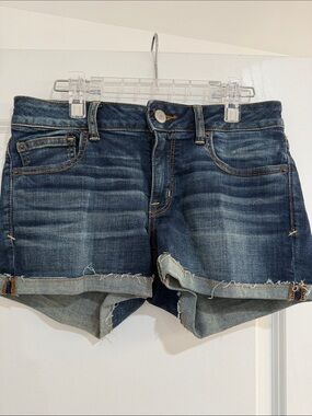 American Eagle Outfitters Distressed Dark Blue Denim Cuffed Shorts